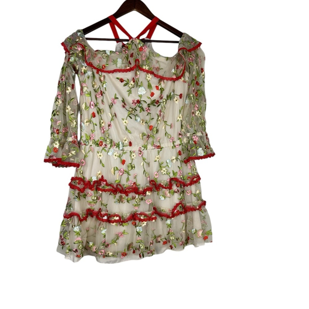 Alexis Floral Off Shoulder Mini Dress Ruffle Red Cream Small - Picture 6 of 11